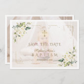 Save The Date Charmante Fleurs Blanches Photo Girl Baptism (Devant / Derrière)