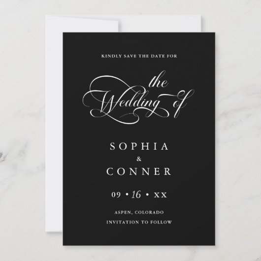 Save The Date Charme élégant Script Mariage photo noir (Devant)