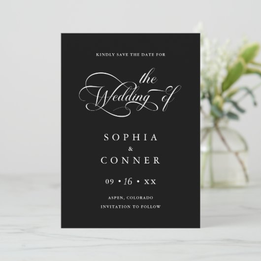 Save The Date Charme élégant Script Mariage photo noir (Debout devant)