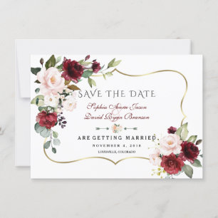 Save The Date Charme Fleurs Rouge Bourgogne Cadre Doré Mariage