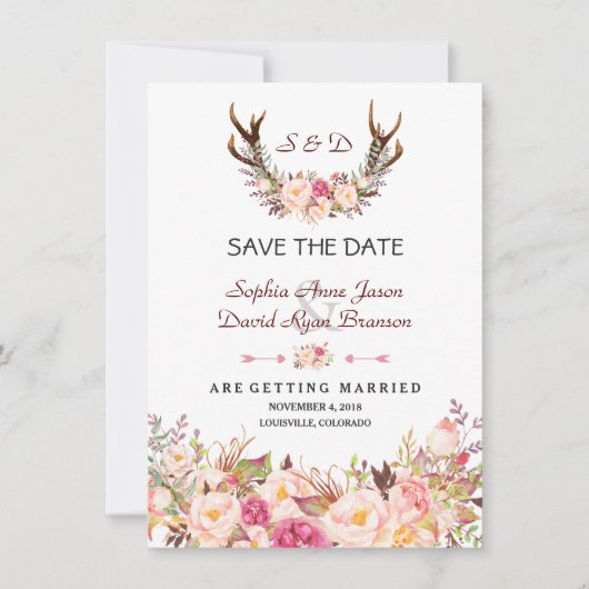Save The Date Charme Rose Blush Floral Antlers Mariage (Devant)