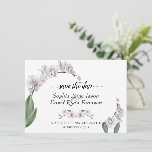 Save The Date Charme White Orchidée Mariage Calligraphie (Debout devant)