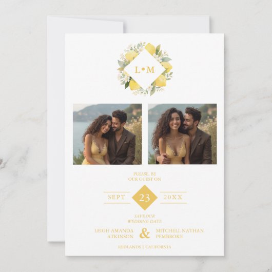 Save The Date Charming Romantic Cluster Lemons Initials 2-Photos (Devant)