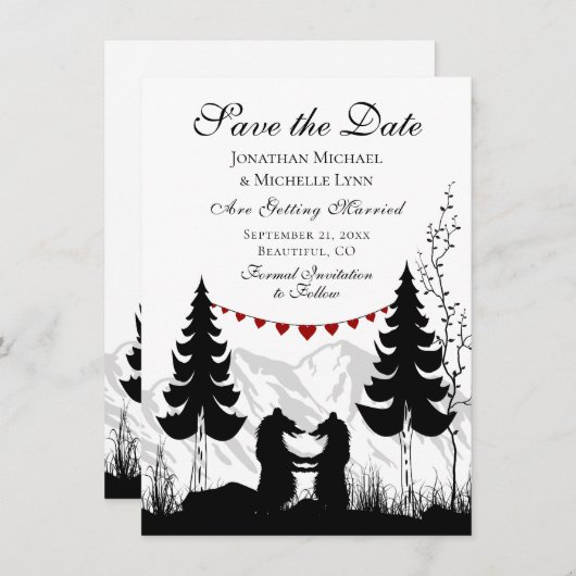 Save The Date Charming Silhouette Mountain Bear Couple Mariage (Devant / Derrière)