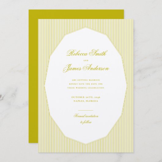Save The Date Chartreuse Formal Elegant Classic Stripes Wedding (Devant / Derrière)