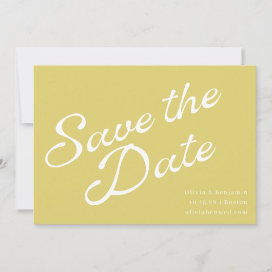 Save The Date Chartreuse Jaune Tropical Mariage Rétro Script (Devant)