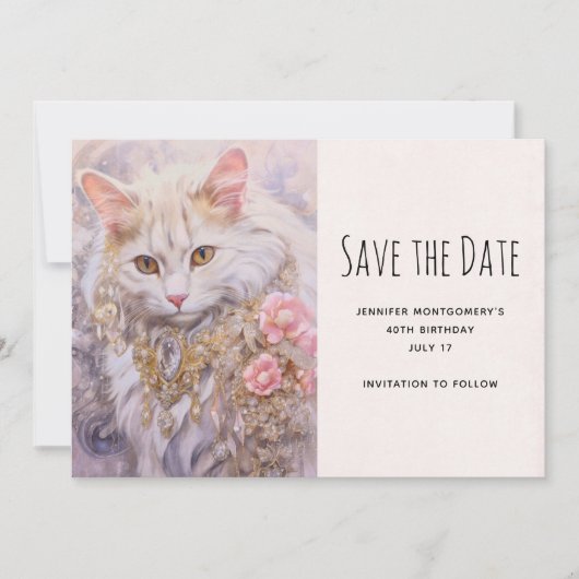 Save The Date Chat blanc élégant en or et bijoux en diamant (Devant)