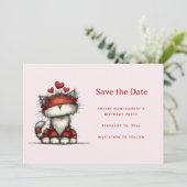 Save The Date Chat mignon avec des cœurs d'amour rouges (Debout devant)