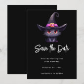 Save The Date Chat noir mignon portant un Casquette de sorcière (Devant / Derrière)