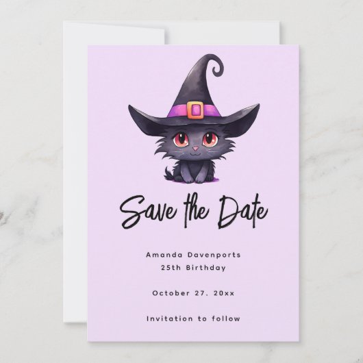 Save The Date Chat noir mignon portant un Casquette de sorcière (Devant)