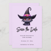 Save The Date Chat noir mignon portant un Casquette de sorcière (Devant / Derrière)