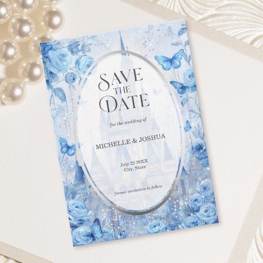 Save The Date Château de conte de fées enchanté papillons florau