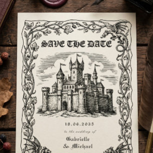 Save The Date Château médiéval Illustration Noir Blanc