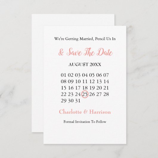 Save The Date Chats mariages Corail noir blanc mignonne (Devant / Derrière)