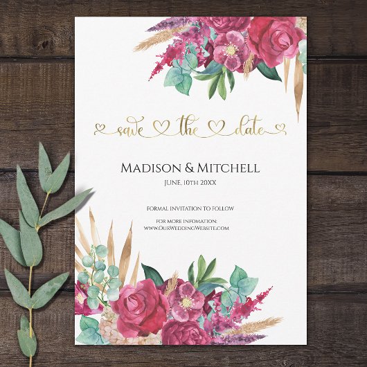 Save The Date Chaud rose Magenta Floral Élégant Gold Script Coeu