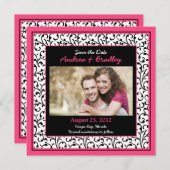 Save The Date Chaud rose photo Damask Floral Enregistrer la date (Devant / Derrière)