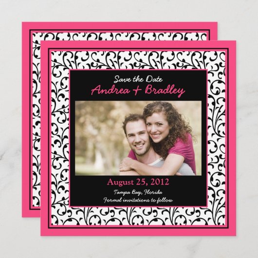 Save The Date Chaud rose photo Damask Floral Enregistrer la date (Devant / Derrière)