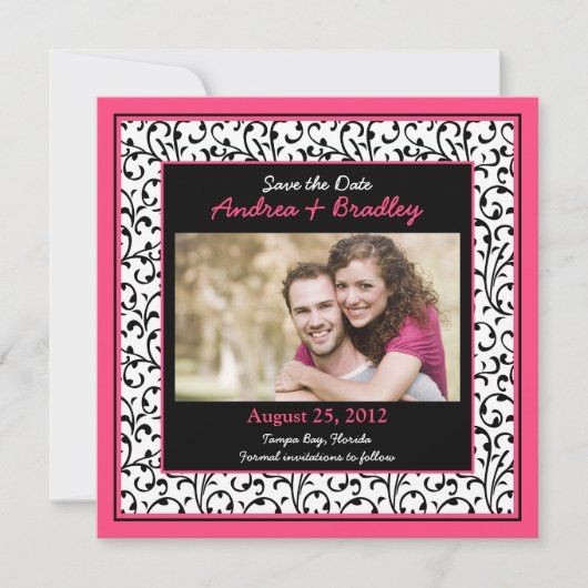Save The Date Chaud rose photo Damask Floral Enregistrer la date (Devant)