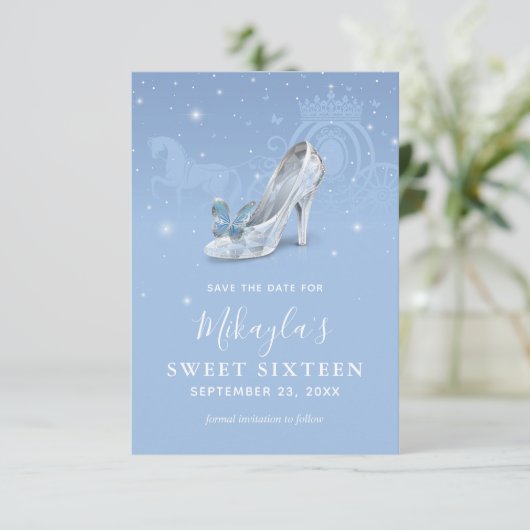 Save The Date Chaussure d'argent bébé bleu Cendrillon fête des 1 (Debout devant)