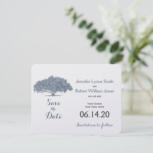 Save The Date Chêne Mossy en mariage bleu Enregistrer la date (Debout devant)