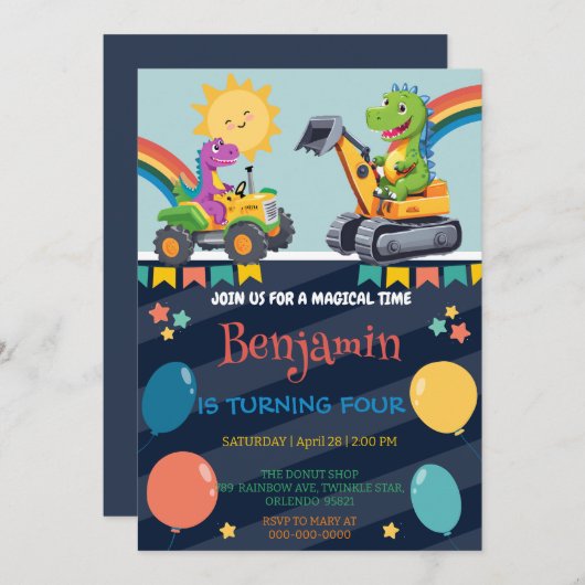 Save The Date Cher dinosaure tracteur ballon garçon école HBD (Devant / Derrière)