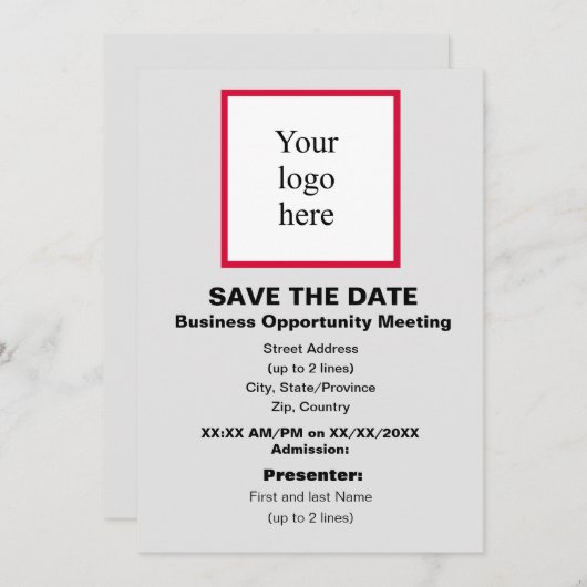 Save The Date Cherry/Wht./Lt. Grey Bus. Opp. Mtg. Logo (Devant / Derrière)