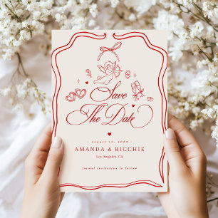 Save The Date Chérubin Dessiné à la Main Cupidon Vintage Rouge M