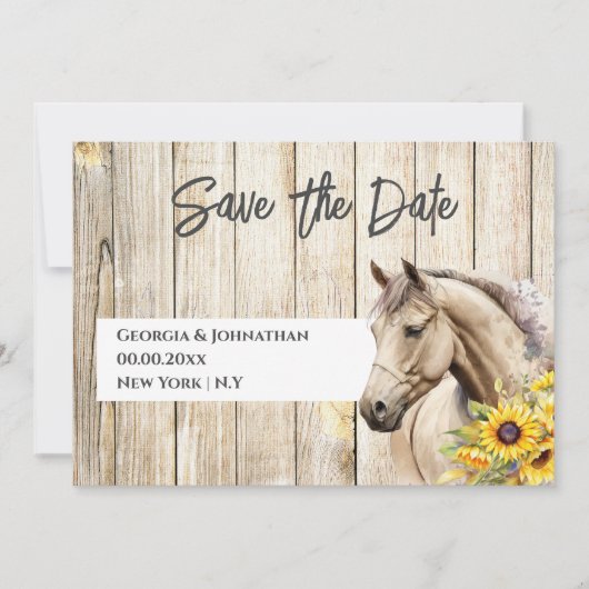 Save The Date Cheval aquarelle tournesol rustique chic western (Devant)