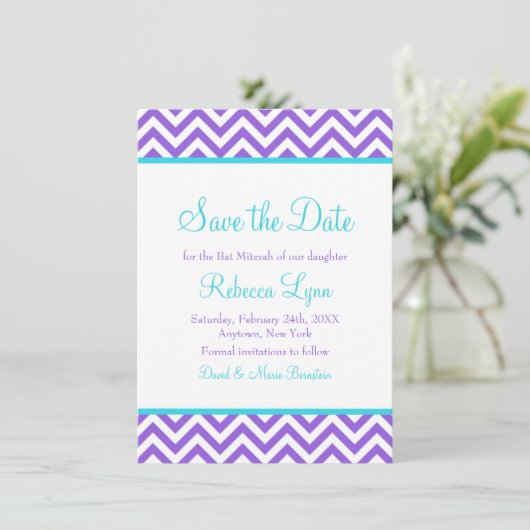 Save The Date Chevron Purple Turquoise Blue Bat mitzvah Enregist (Debout devant)
