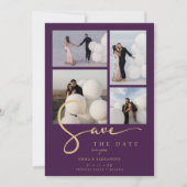 Save The Date Chic 4 Multi Photos Collage Wedding Purple & Gold  (Devant)