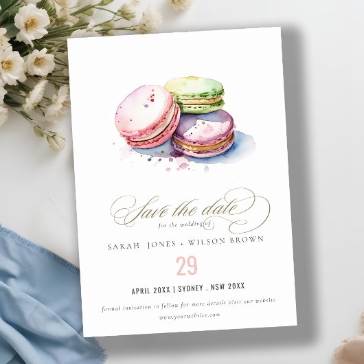 Save The Date Chic Aquarelle Français Macarons boulangerie Maria