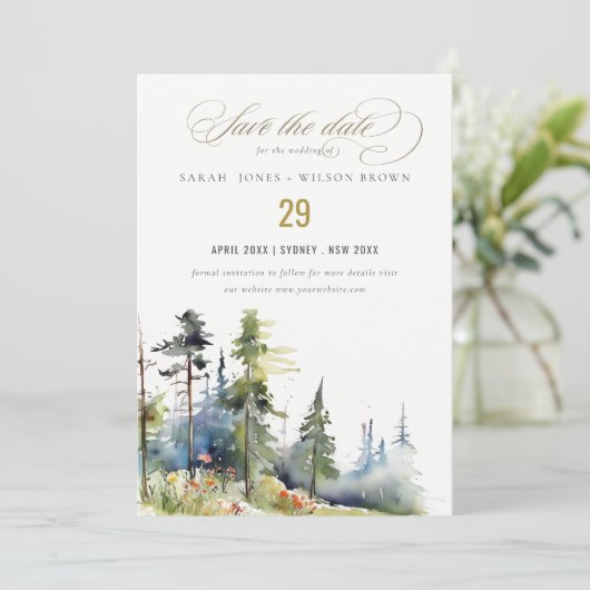 Save The Date Chic aquarelle Pine Forest Mariage paysage (Debout devant)
