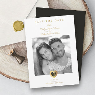 Save The Date Chic Black & Gold Heart Photo Couple Mariage