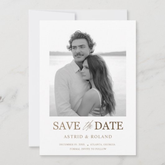 Save The Date Chic Black & White Photo Gold Texte Enregistrer la (Devant)