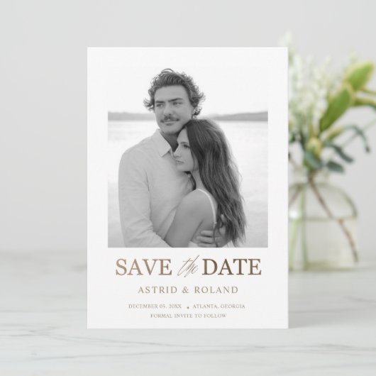 Save The Date Chic Black & White Photo Gold Texte Enregistrer la (Debout devant)