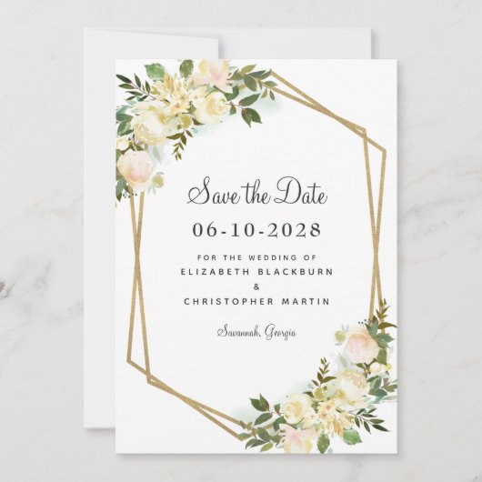 Save The Date Chic Blanc Elégant Mariage Or Verdure Floral (Devant)