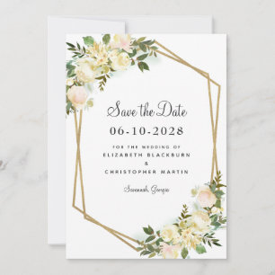Save The Date Chic Blanc Elégant Mariage Or Verdure Floral