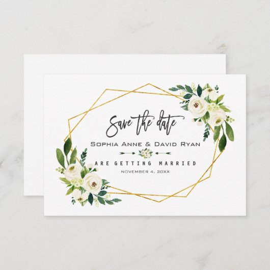 Save The Date Chic Blanc Floral Gold Frame Photo Enregistrer La (Devant / Derrière)