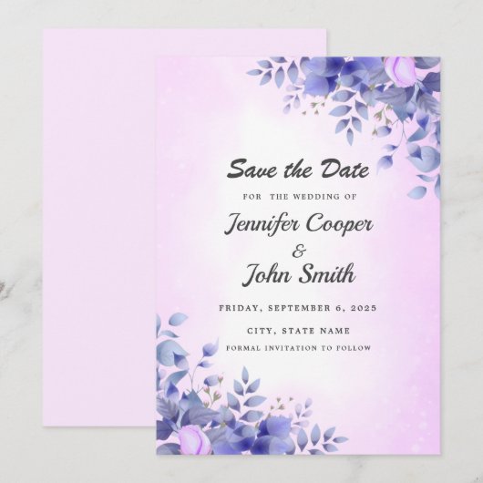 Save The Date Chic bleu aquarelle rose Roses Mariage (Devant / Derrière)