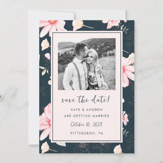Save The Date Chic Blush Floral Blue Mariage Photo Enregistrer l (Devant)