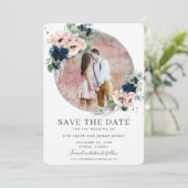 Save The Date Chic Blush Navy Blue Floral Silver Green Photo (Debout devant)