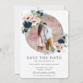 Save The Date Chic Blush Navy Blue Floral Silver Green Photo (Devant)