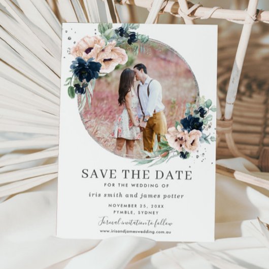 Save The Date Chic Blush Navy Blue Floral Silver Green Photo