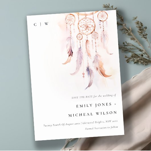 Save The Date Chic Boho Feather Dreamcatcher Watercolor Mariage