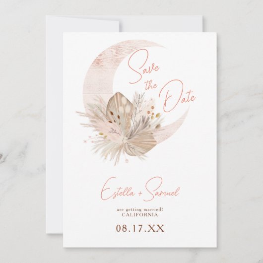 Save The Date Chic boho rustique pampas mariage lune fleurie (Devant)