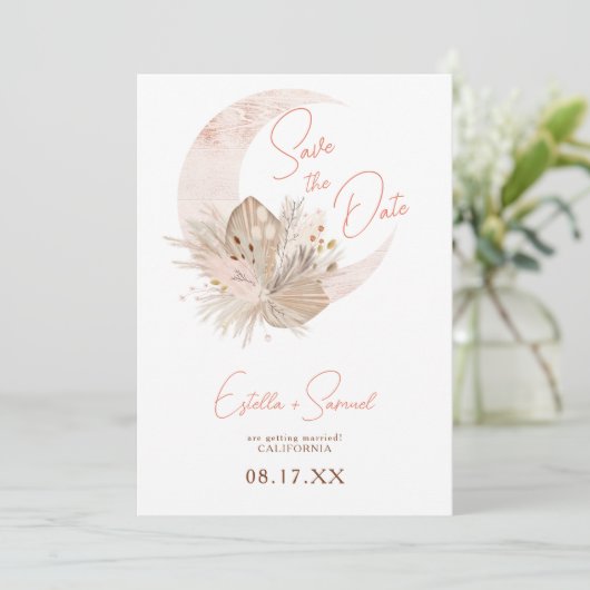 Save The Date Chic boho rustique pampas mariage lune fleurie (Debout devant)