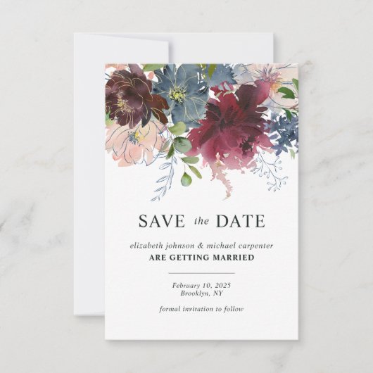 Save The Date Chic Bourgogne Bleu Poussiéreux Floral Aquarelle M (Devant)