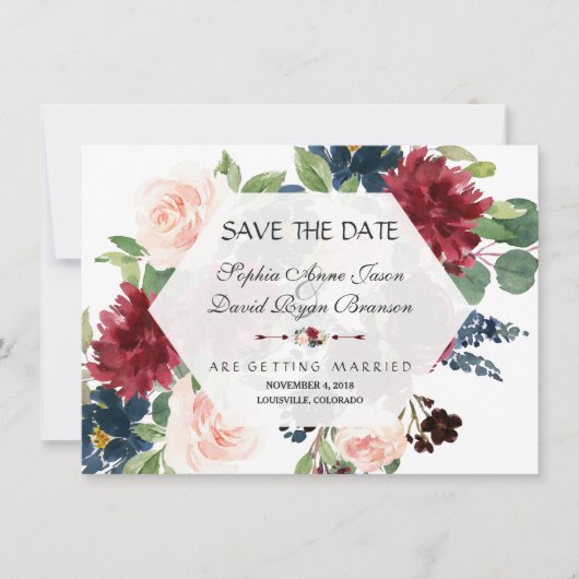 Save The Date Chic Burgundy Fleurs Hexagone Cadre Enregistrer La (Devant)