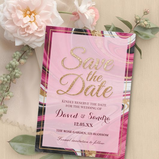 Save The Date Chic Burgundy Gold Agate Marble Modern Wedding
