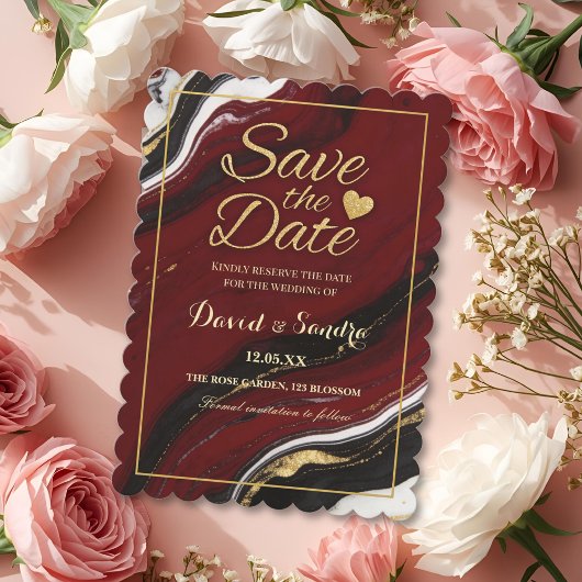 Save The Date Chic Burgundy Gold Agate Marble Modern Wedding 